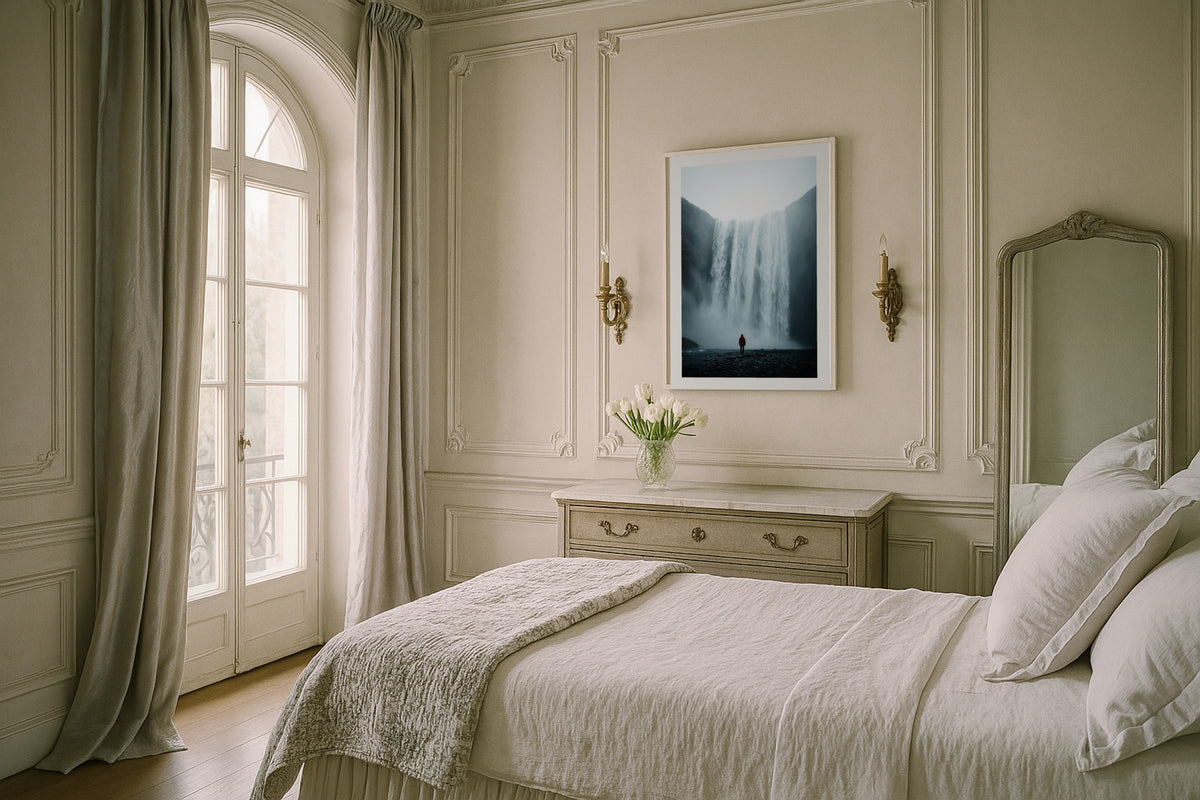 Lone Figure at Skógafoss wall art print, framed with a white border, in a bathroom tub
