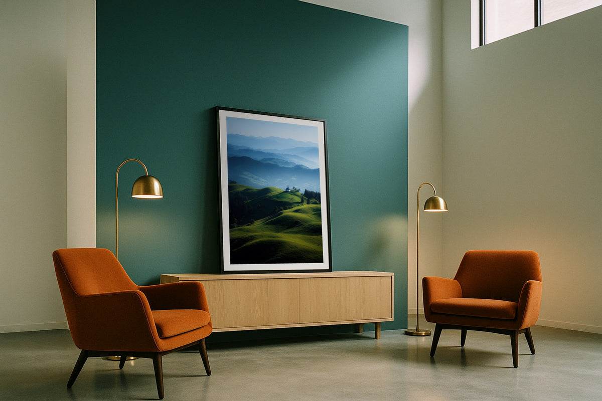 Jamnik Church wall art print, framed with a white border, in a leaning rug armchair