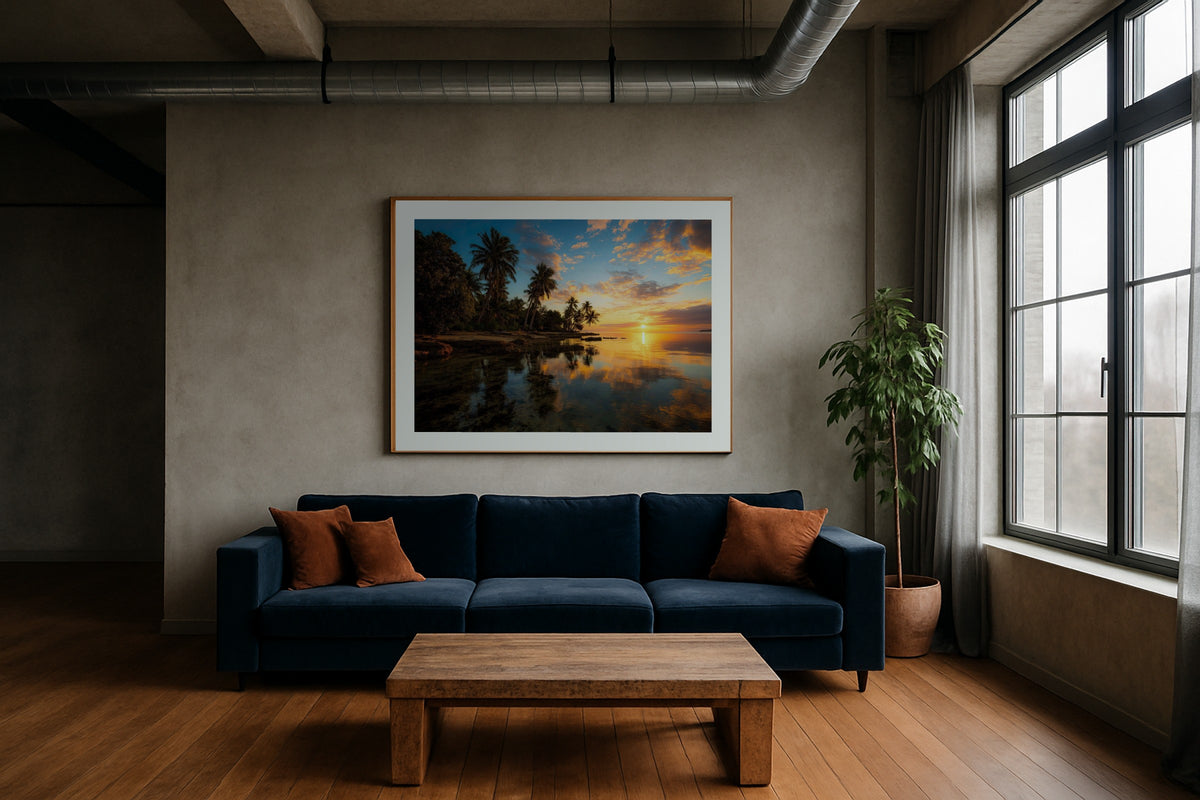 Solomon Islands at Sunset wall art print, framed with a white border, in a dune beach arched window