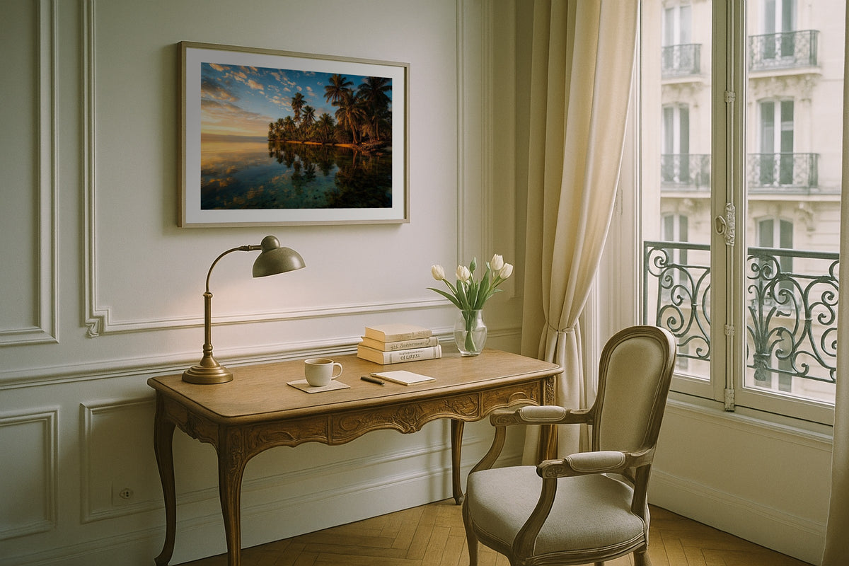 Solomon Islands Lagoon wall art print, framed with a white border, in a Paris balcony desk