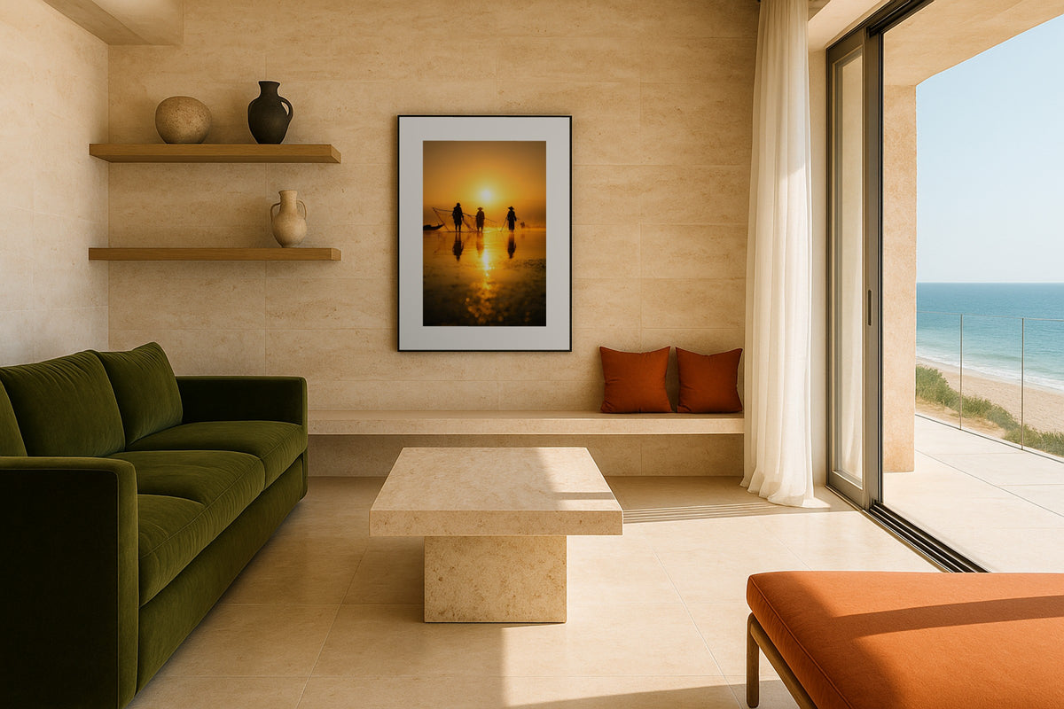 Fishermen at Sunset wall art print, framed with a white border, in a oak floor corner