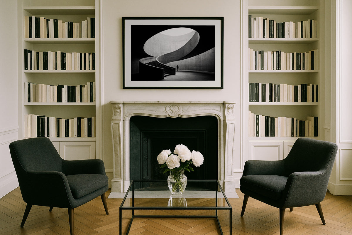 Spiral Staircase wall art print, framed with a white border, in a Paris white bedroom
