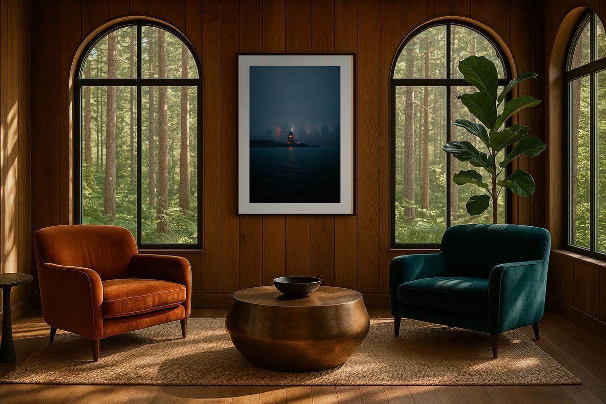 Liberty in Fog wall art print, framed with a white border, in a floor magazine leather chair