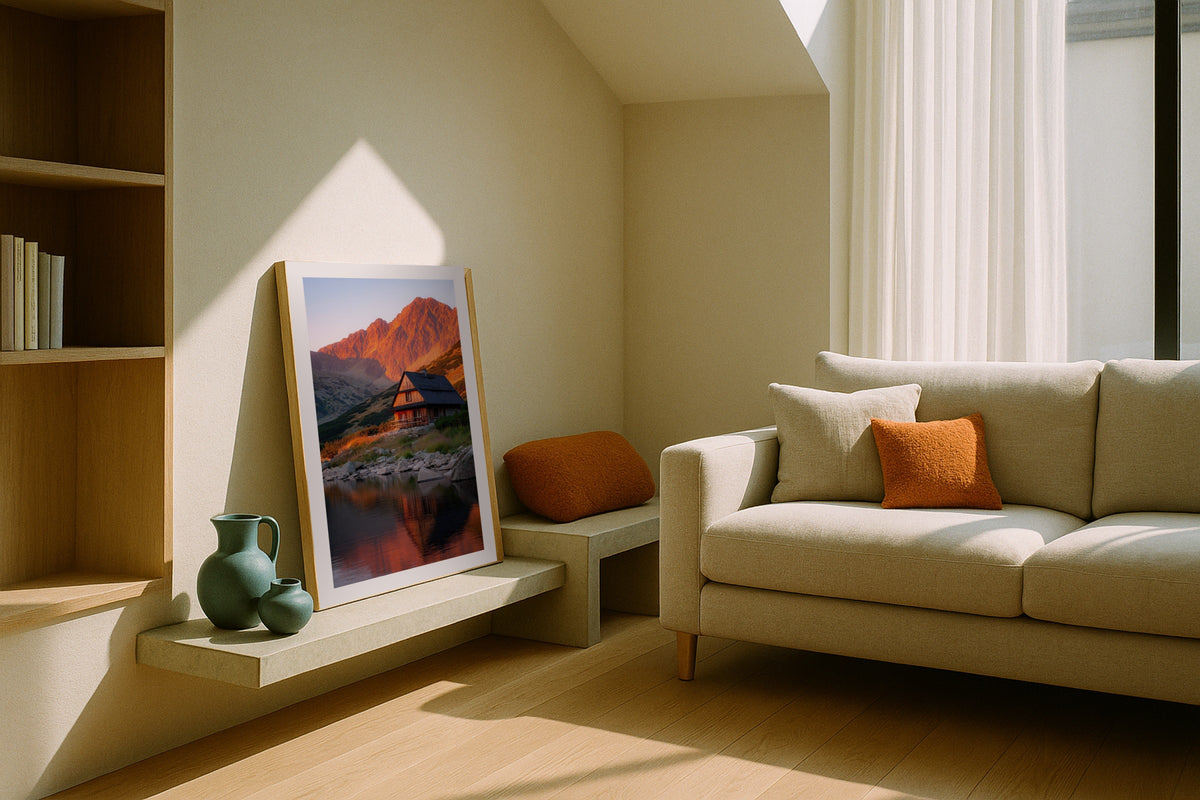 Tatra Mountain Hut wall art print, framed with a white border, in a leaning nook sofa