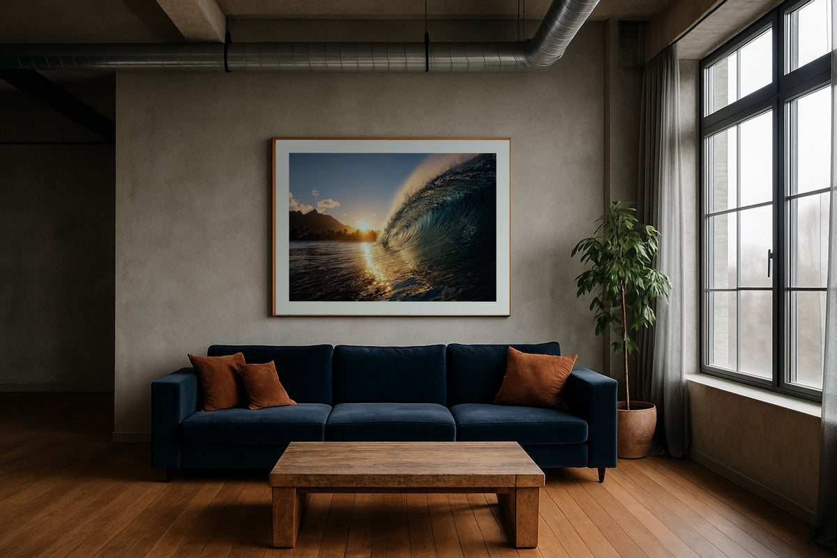Teahupo’o wall art print, framed with a white border, in a window seat lamp