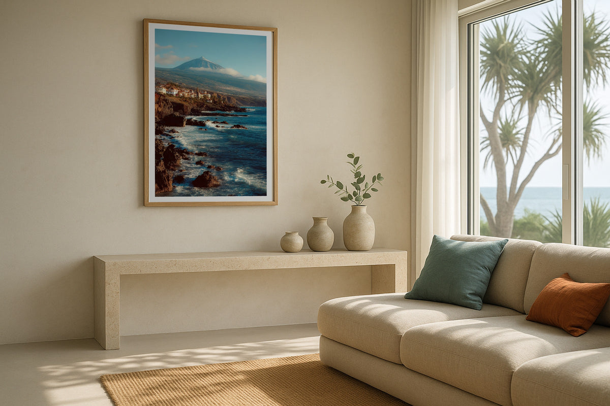 Mount Teide wall art print, framed with a white border, in a coastal console sofa