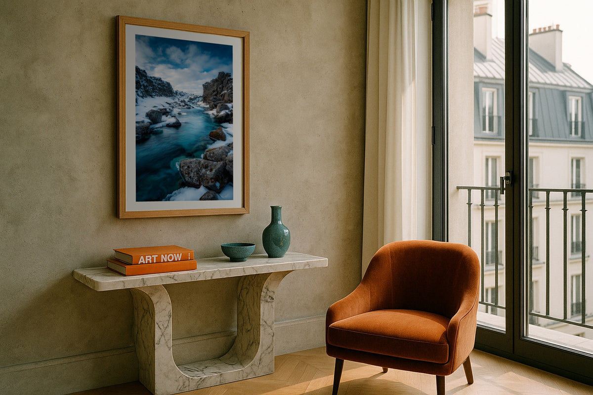 Þingvellir wall art print, framed with a white border, in a dining round table