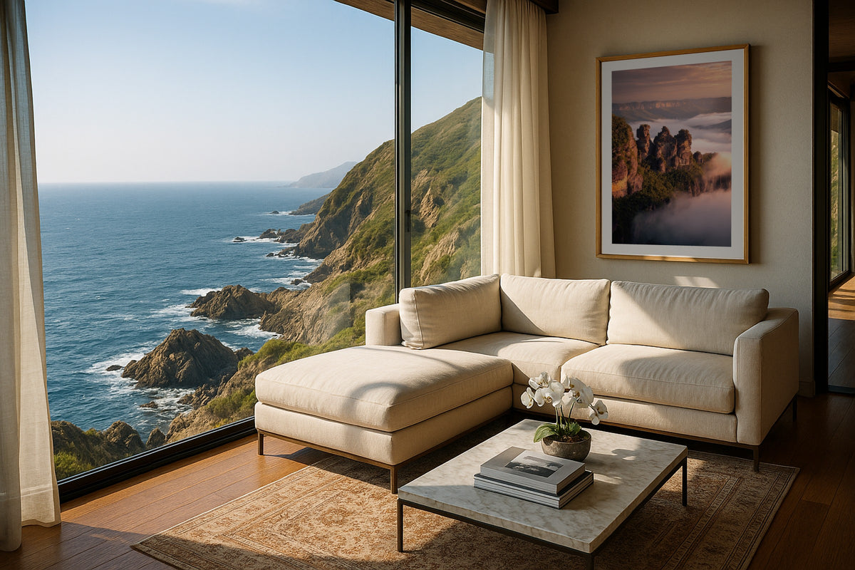 Three Sisters at Sunrise wall art print, framed with a white border, in a cream minimal sofa