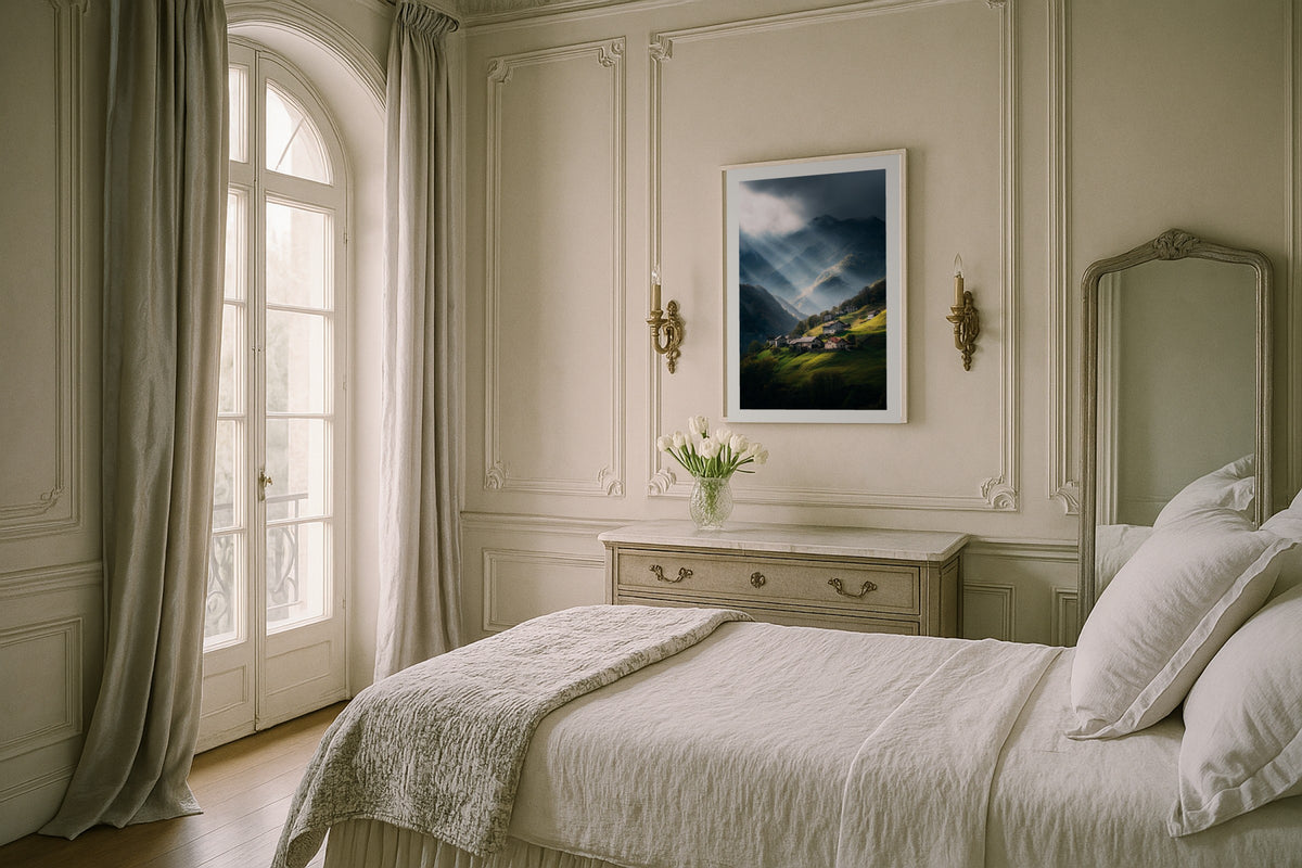 Maggia Valley wall art print, framed with a white border, in a Paris panelled bedroom