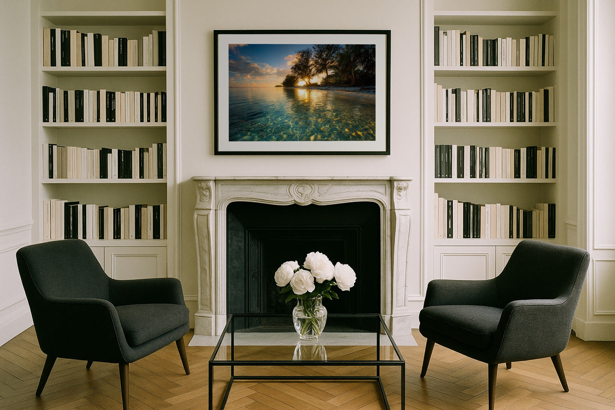 Tokelau Atoll wall art print, framed with a white border, in a leaning fireplace sea view