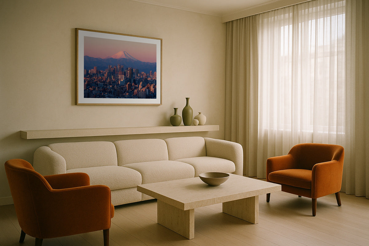 Tokyo and Fuji at Sunset wall art print, framed with a white border, in a NYC Empire State bedroom