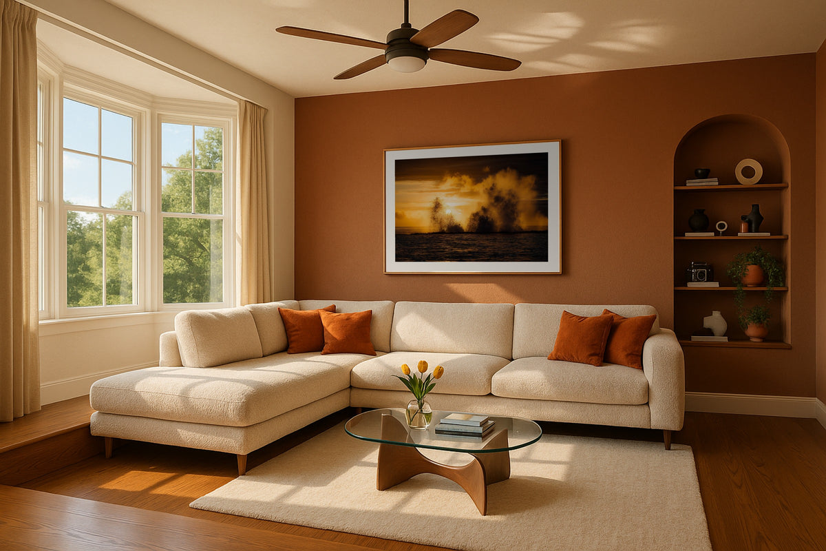 Tonga Blowholes wall art print, framed with a white border, in a sea view green sofa
