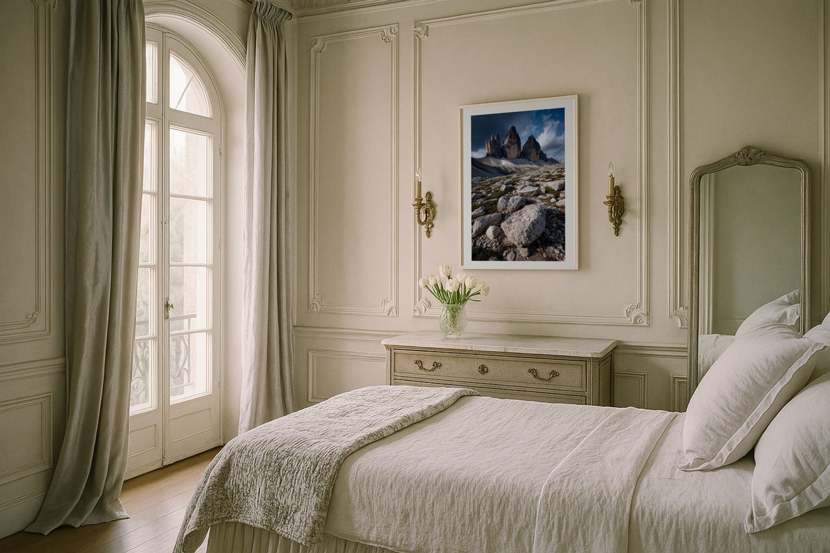 Tre Cime III wall art print, framed with a white border, in a lake fjord view