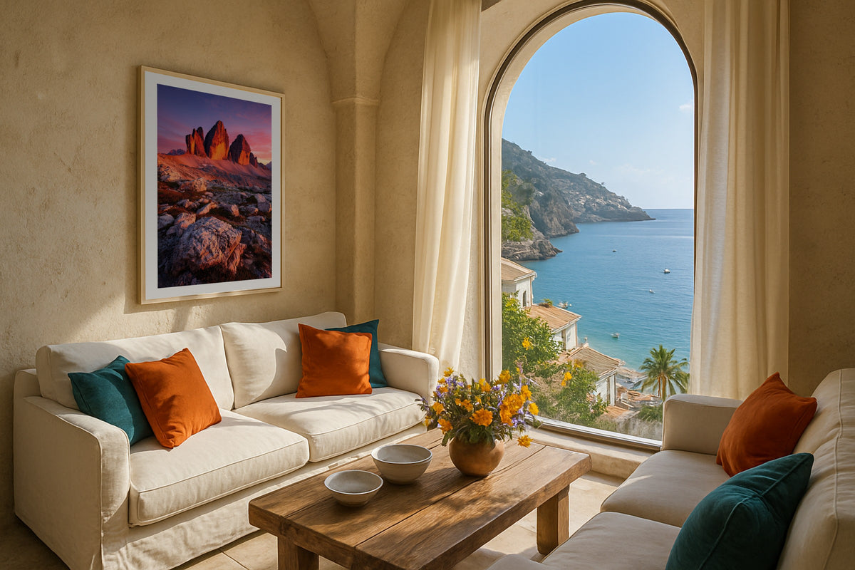 Tre Cime at Sunset III wall art print, framed with a white border, in a Amalfi arched window