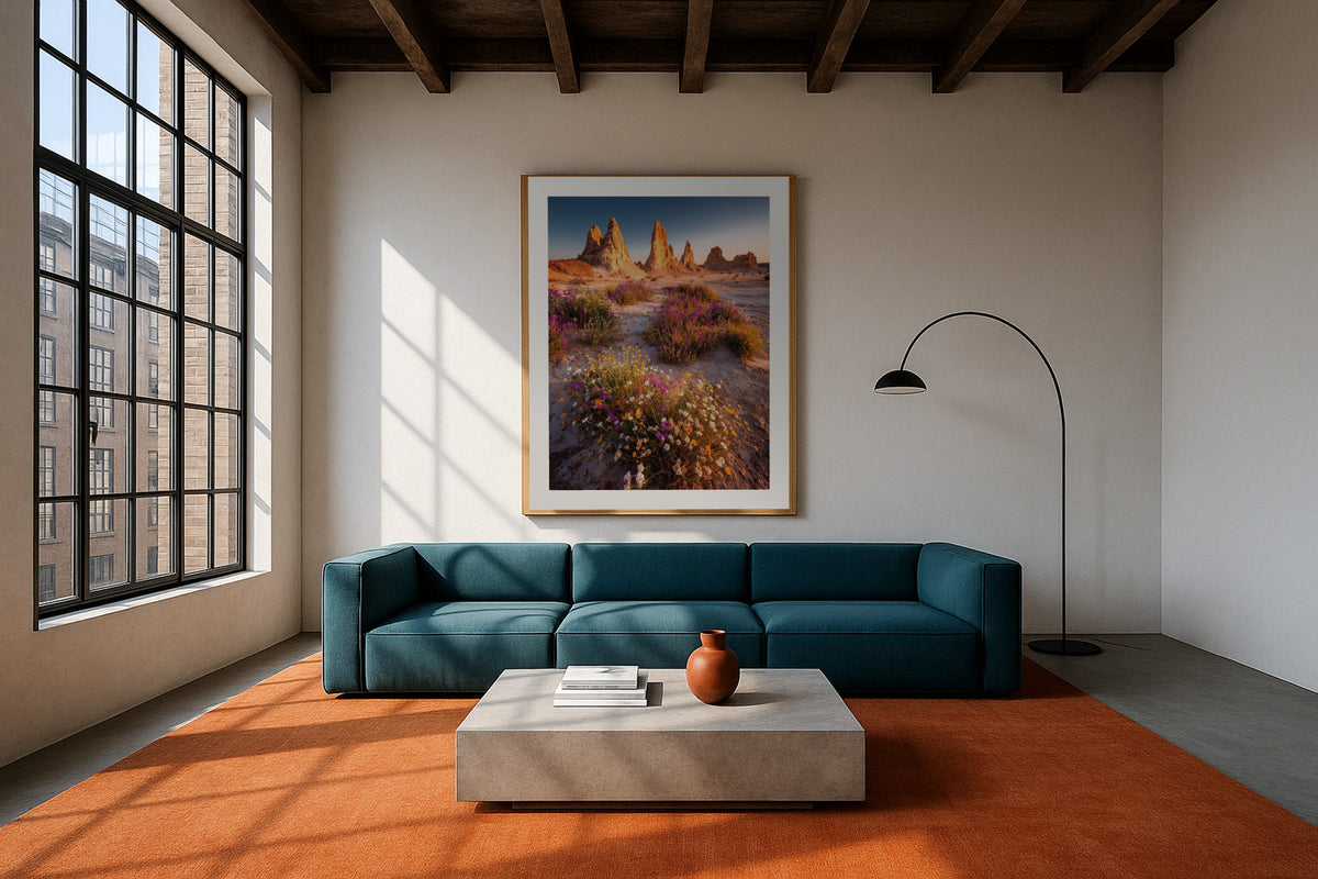 Trona Super Bloom wall art print, framed with a white border, in a cactus garden rug