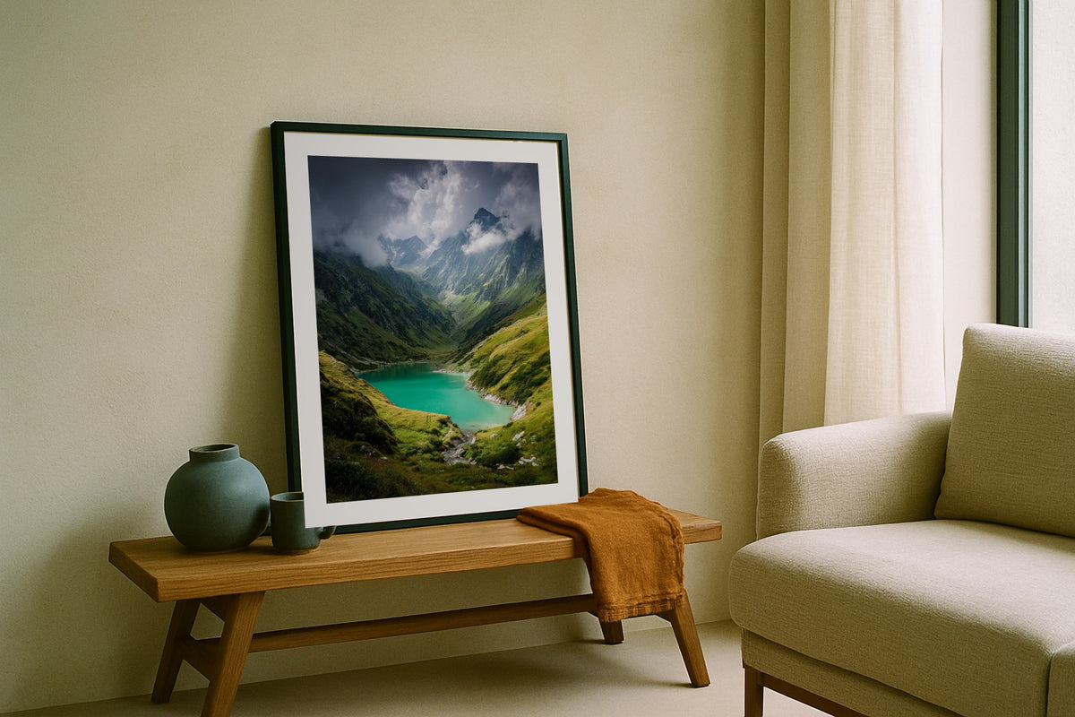 Turquoise Alpine Lake wall art print, framed with a white border, in a leaning on bench