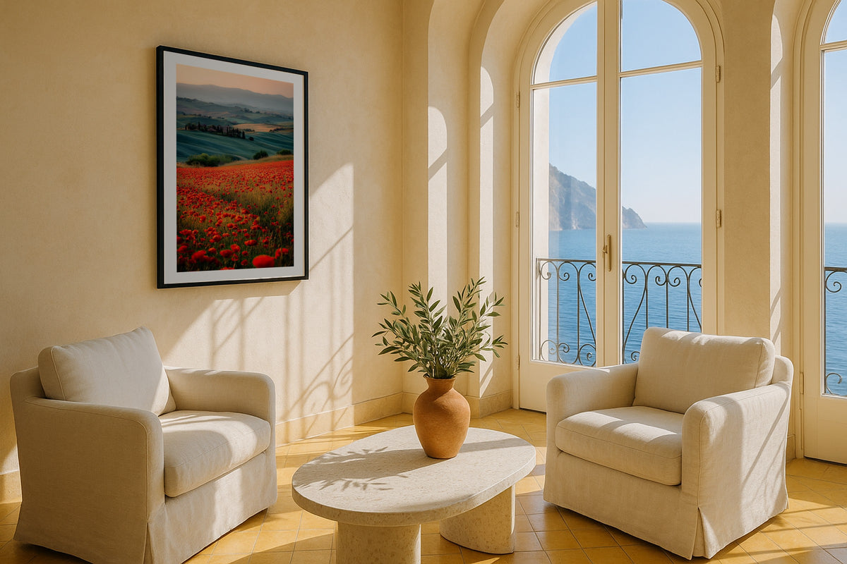 Poppy Field at Sunrise wall art print, framed with a white border, in a Amalfi arched sea door
