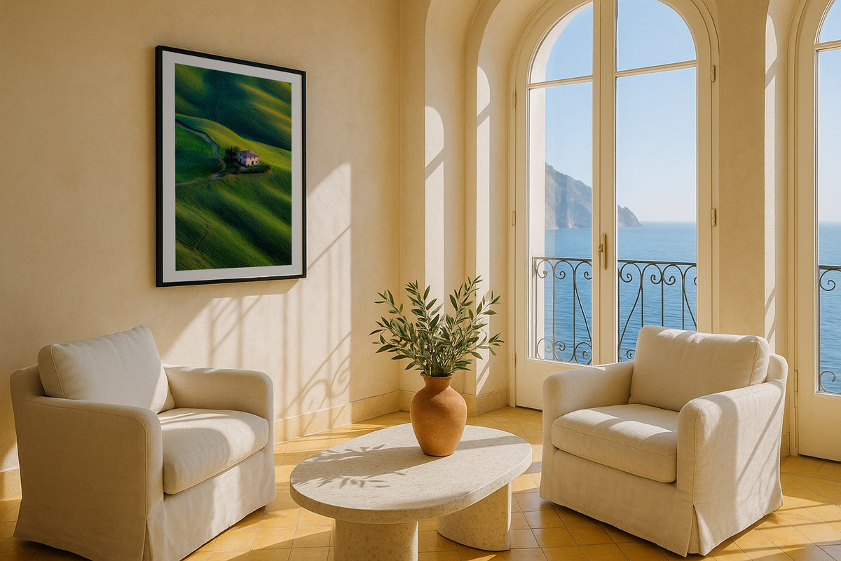 Tuscan Green Hills wall art print, framed with a white border, in a Amalfi arched sea door