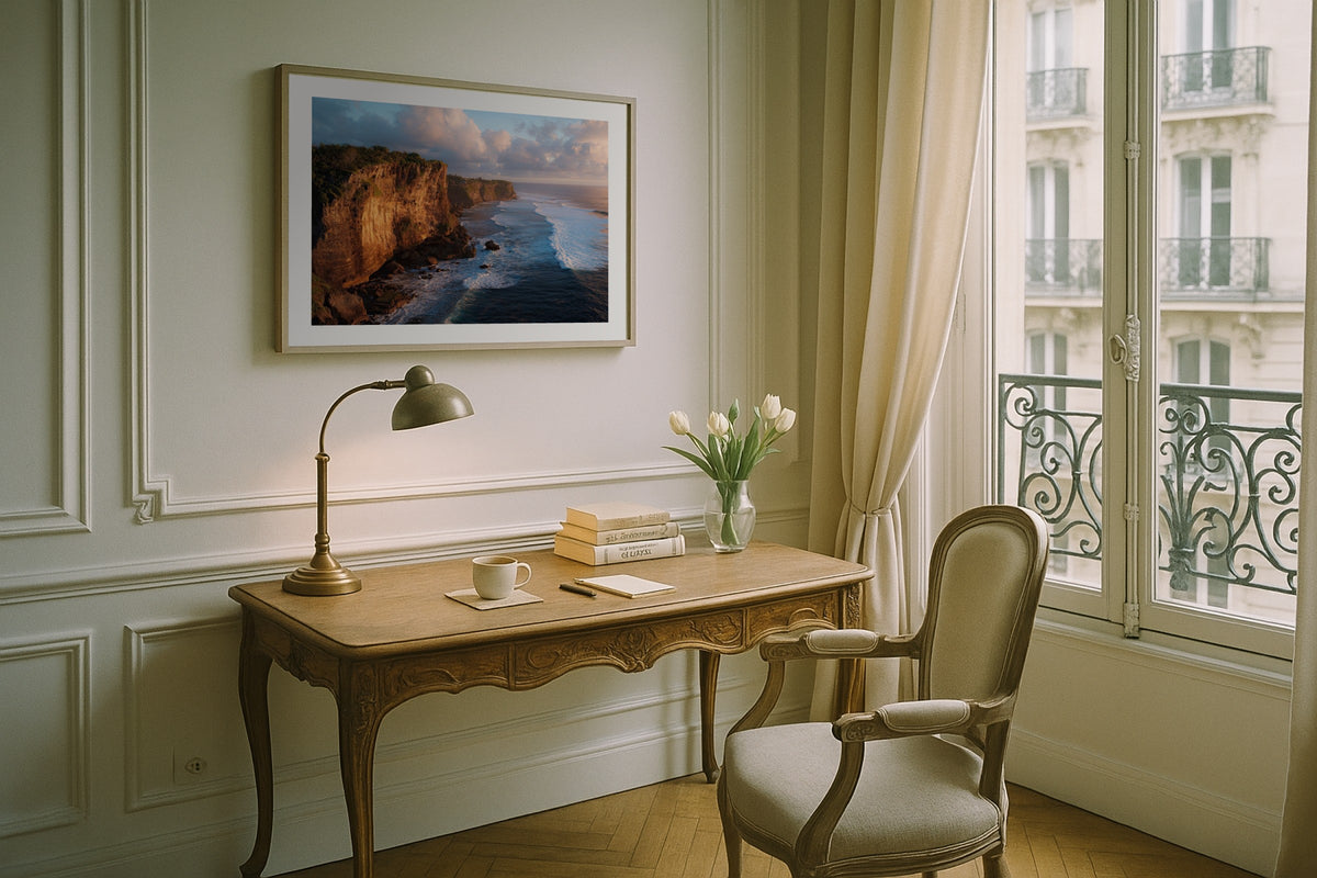 Two Lovers Point wall art print, framed with a white border, in a Paris balcony desk
