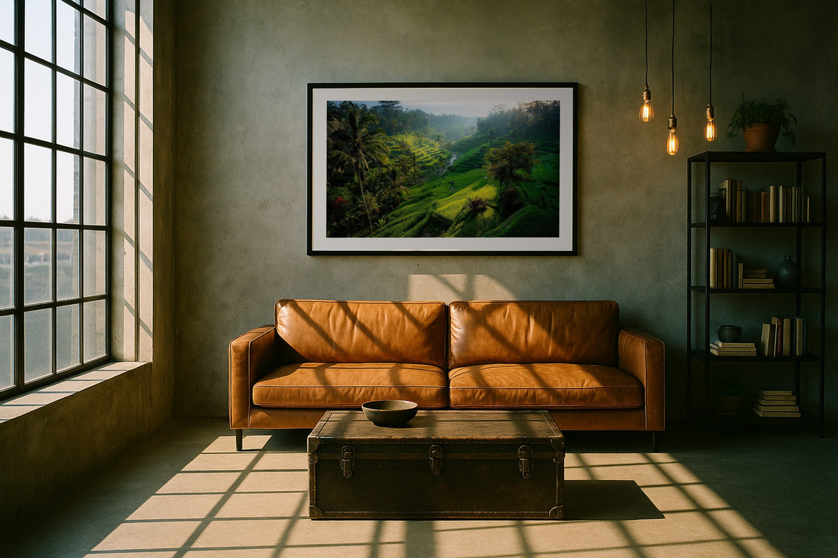 Ubud Rice Terraces wall art print, framed with a white border, in a beach view dining table