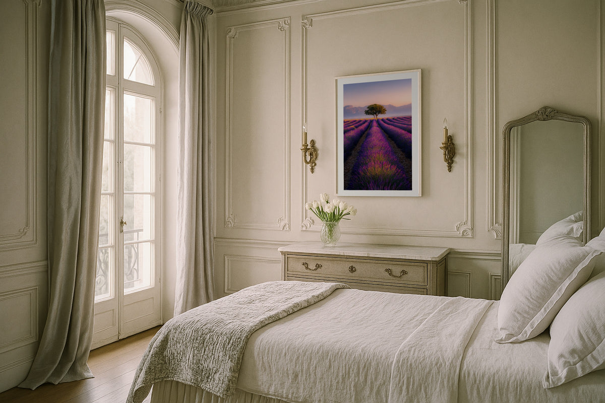 Valensole at Sunrise wall art print, framed with a white border, in a Paris panelled bedroom