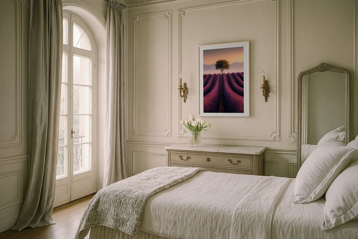 Valensole at Sunset wall art print, framed with a white border, in a Paris panelled bedroom