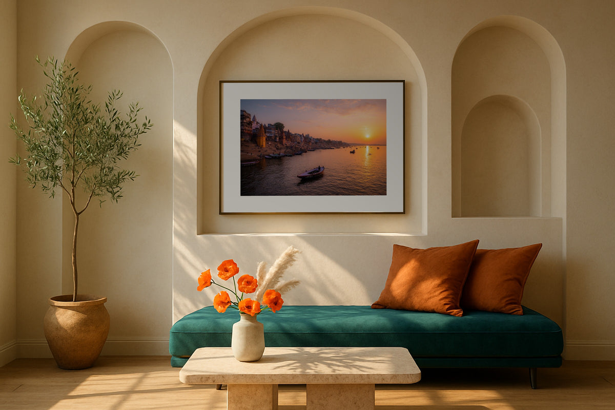 Varanasi Ghats wall art print, framed with a white border, in a concrete black frame