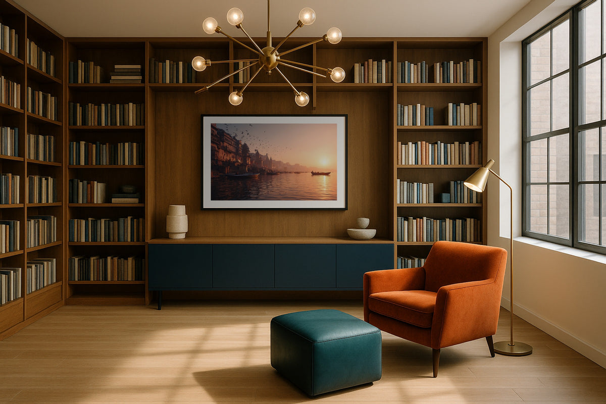 Varanasi at Sunrise wall art print, framed with a white border, in a library bookshelves rust chair