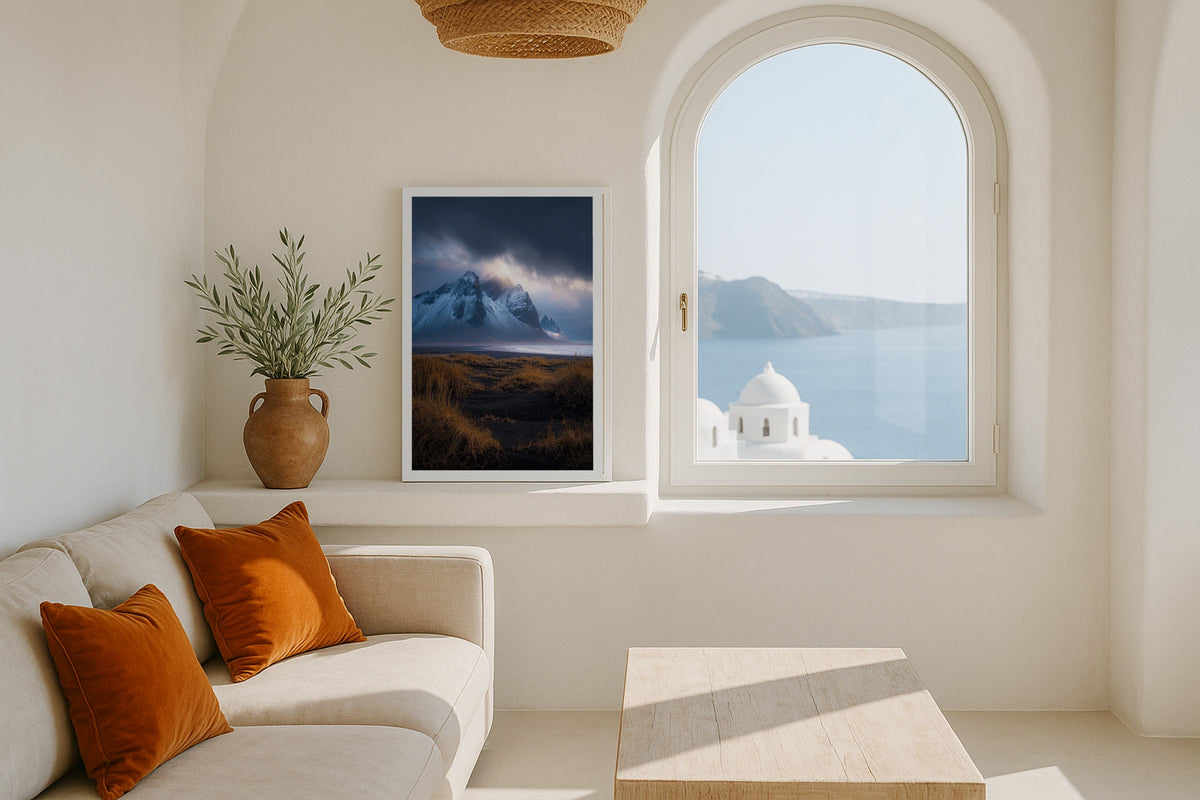 Vestrahorn in Storm wall art print, framed with a white border, in a shiplap lantern