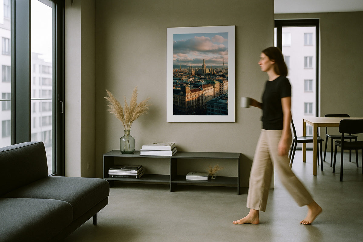 Vienna from Above wall art print, framed with a white border, in a NYC view rust chair