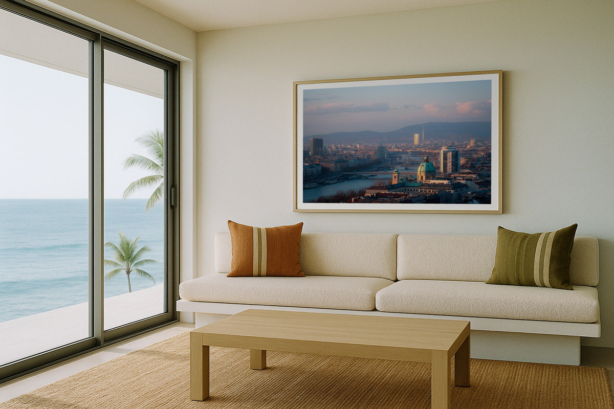 Vienna on the Danube wall art print, framed with a white border, in a dark staircase entry