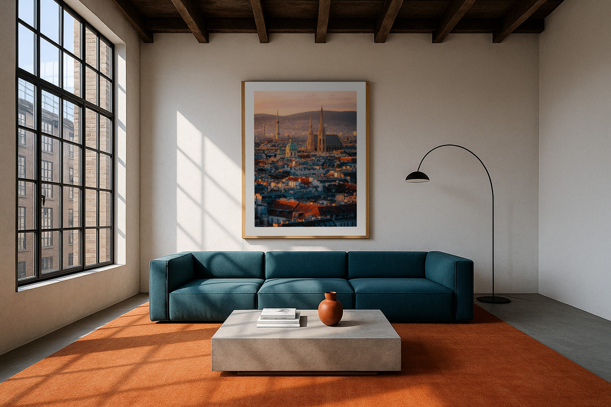 Vienna at Sunset wall art print, framed with a white border, in a brick loft bedroom