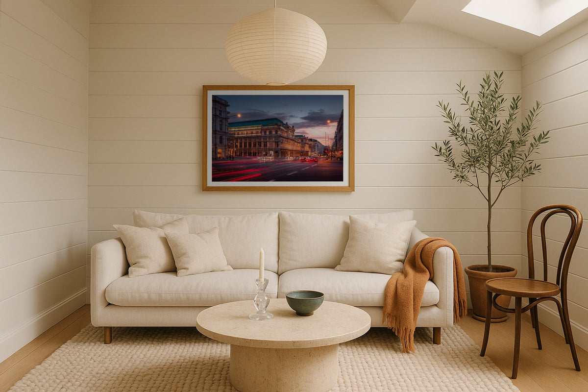 Vienna State Opera wall art print, framed with a white border, in a shiplap lantern