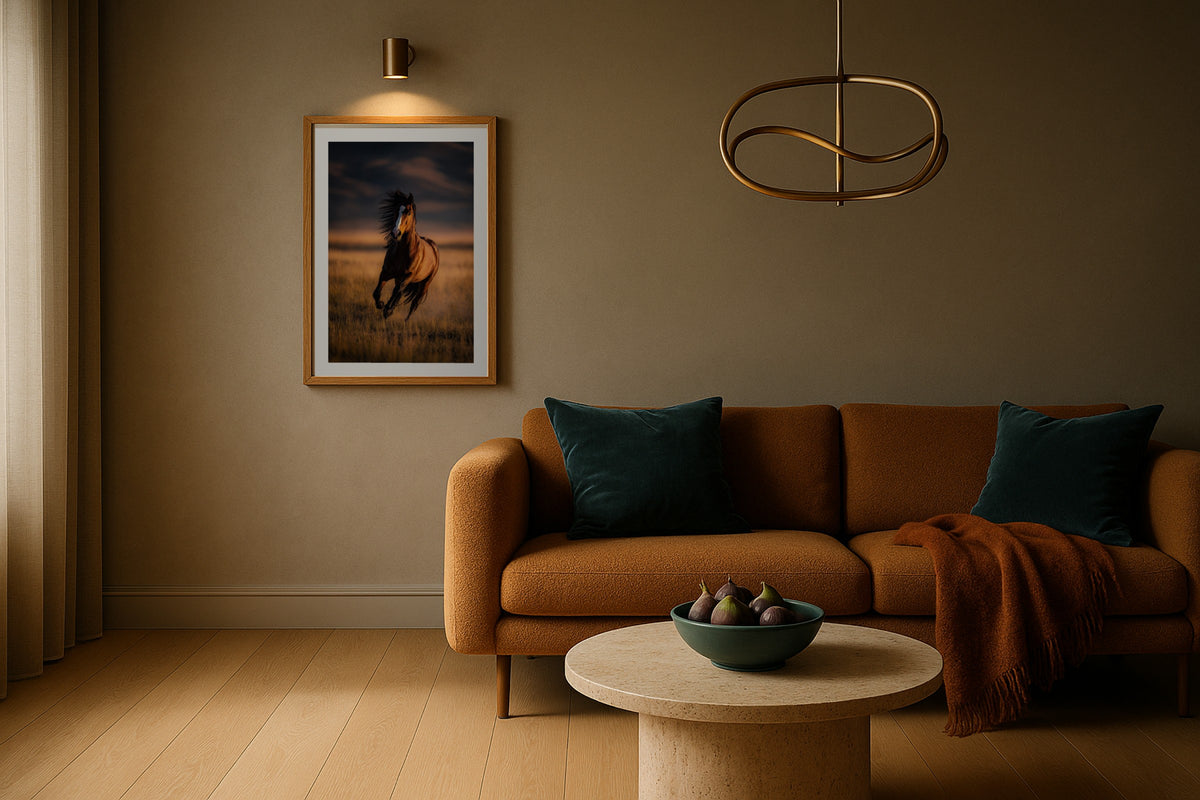 Running Mustang wall art print, framed with a white border, in a jungle veranda