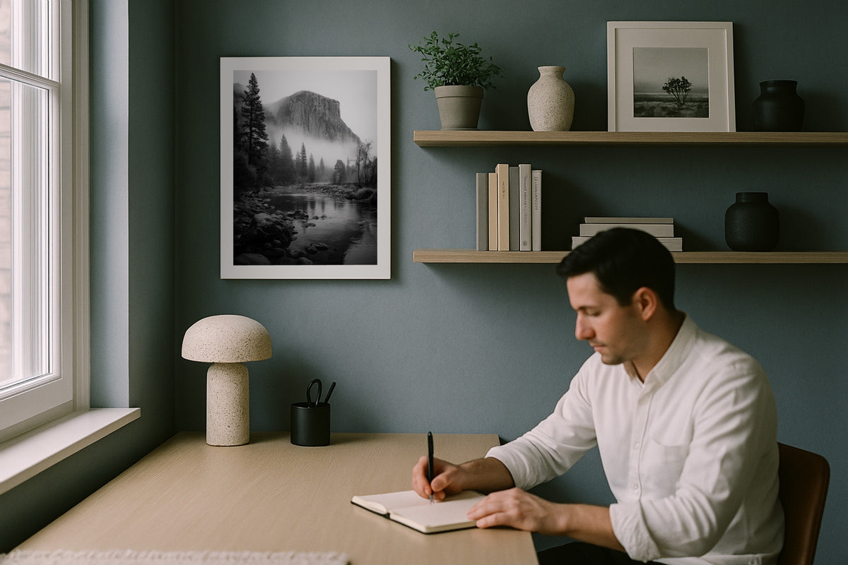 El Capitan in Mist wall art print, framed with a white border, in a man writing blue wall