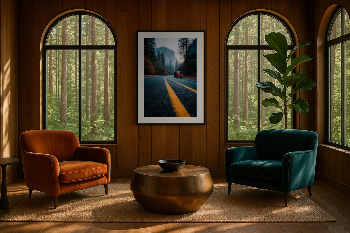 Red Van, Yosemite wall art print, framed with a white border, in a forest arched windows