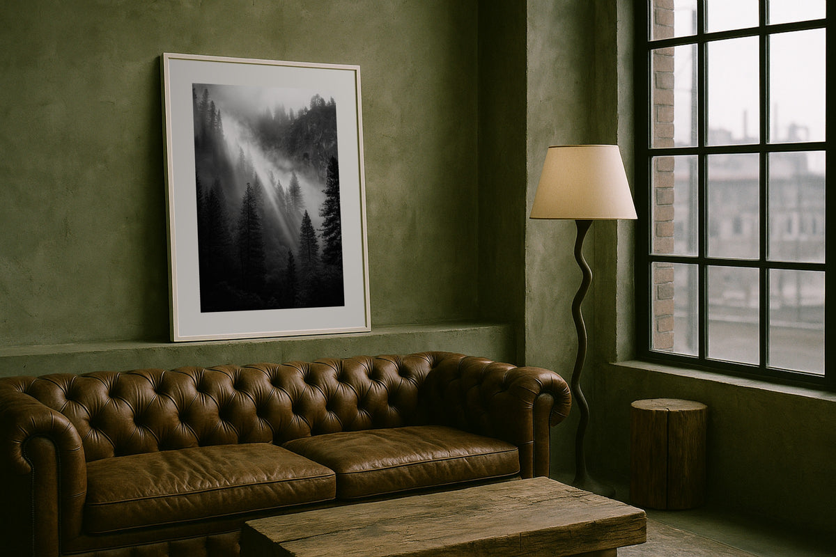 Light Rays in Yosemite wall art print, framed with a white border, in a jungle veranda