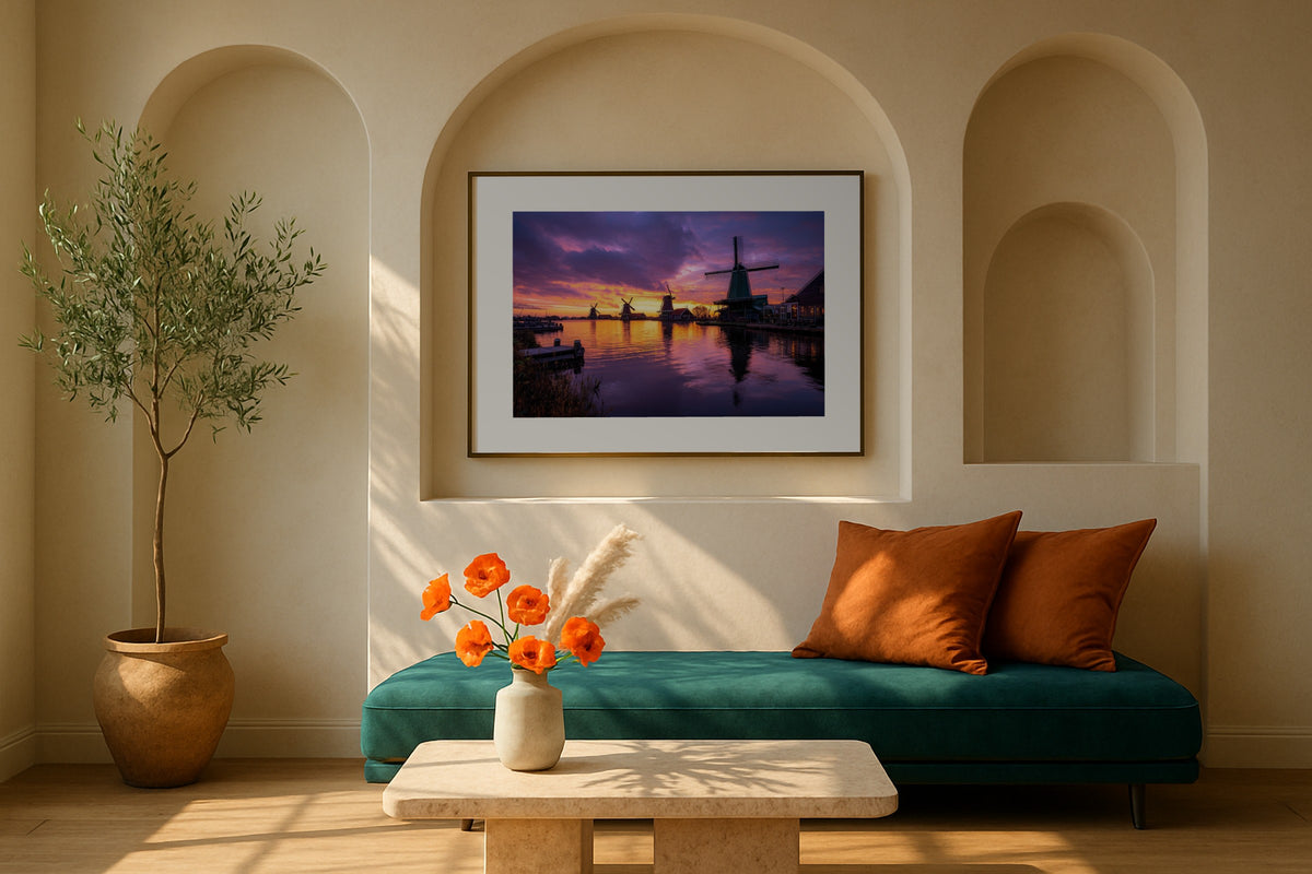 Zaanse Schans wall art print, framed with a white border, in a Paris panelled office