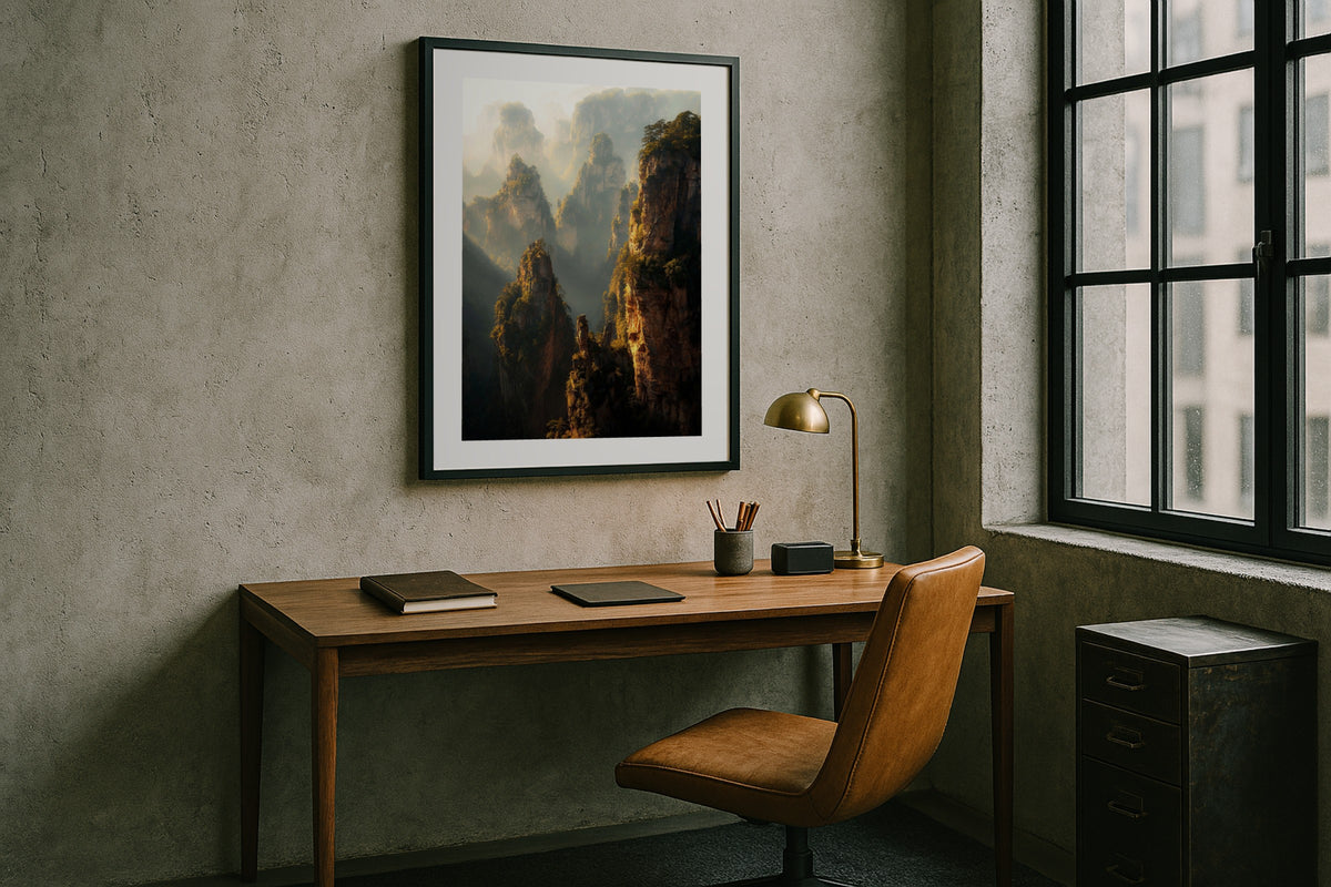 Floating Mountains wall art print, framed with a white border, in a cream minimal sofa
