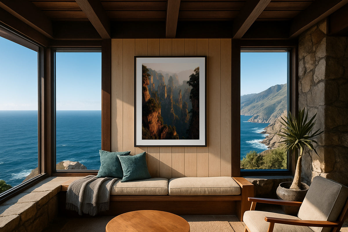 Zhangjiajie Pillar Mountains wall art print, framed with a white border, in a lake fjord view