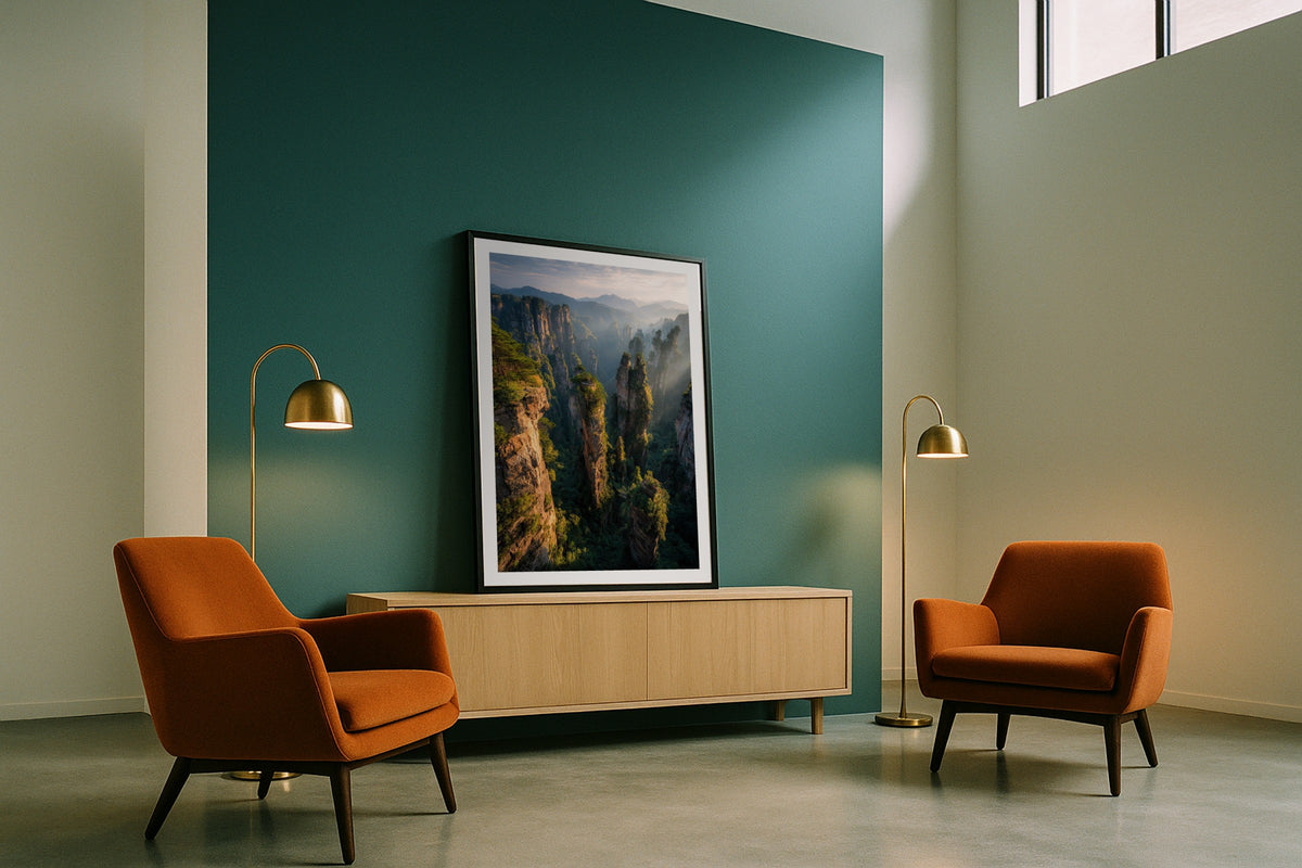 Yuanjiajie wall art print, framed with a white border, in a teal wall rust chairs